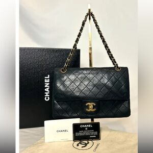 Chanel Classic Double Flap Medium Black Lambskin 24K Gold Hardware - FULL SET